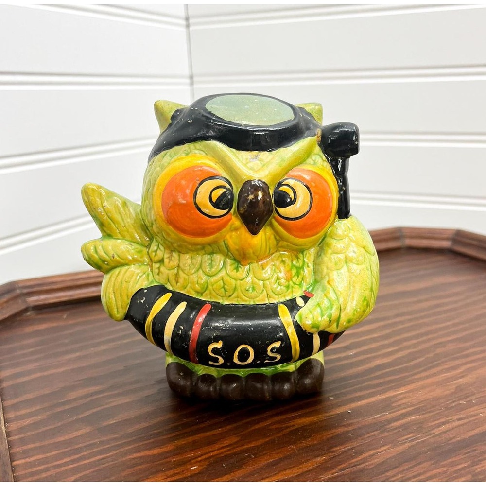 Vintage Enesco Yellow Owl Piggy Bank - Chalkware Kitschy Owl